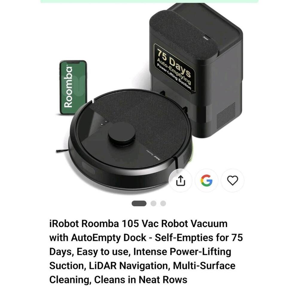 iRobot Roomba 105 Robot Vacuum + AutoEmpty Dock, Cleans in Rows, LiDAR - NEW